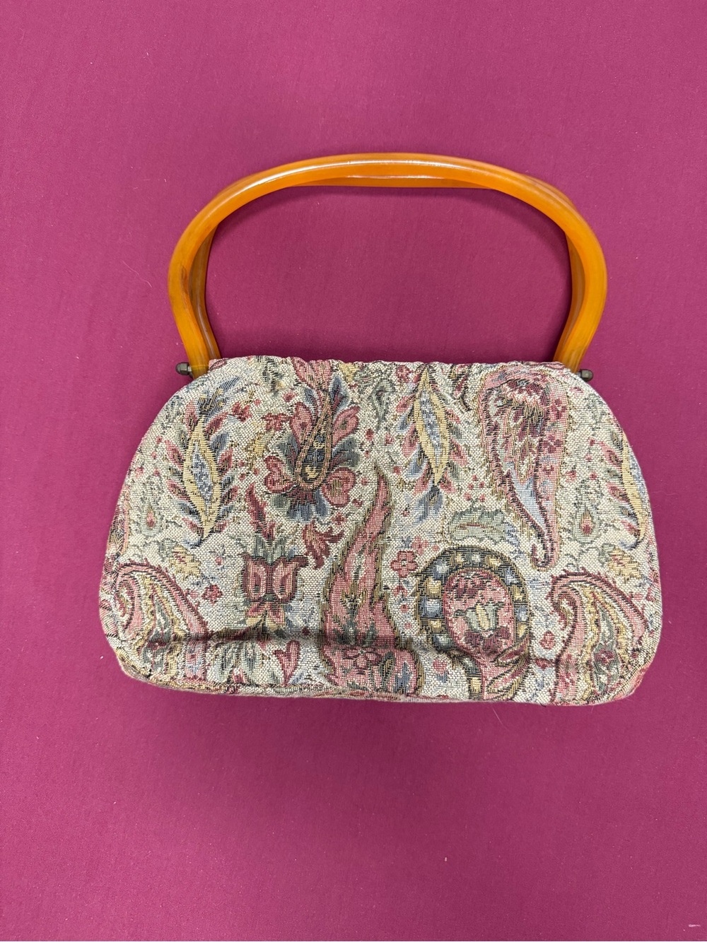 Vintage Paisley Tapestry Handbag with Amber Handle